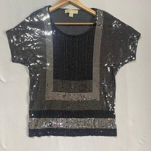 Michael Kors Black and Silver Sequin Short Sleeve Top